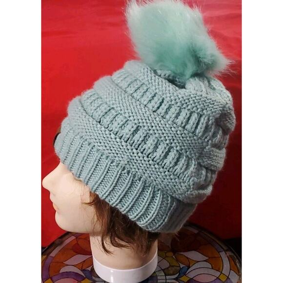 C. C Sek(Handmade)Mixed Lot Of 2 Knit Winter Pom Pom Bow Knit Hats Ponytail Hole - Picture 7 of 16